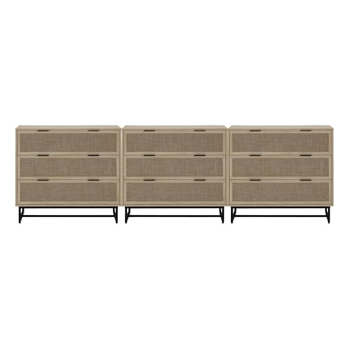 Image of Nathan James Kova 3-Drawer Rattan Dresser or Boheminan Living Room Storage Cabinet with Textiline Rattan Accent and Metal Legs, Light Oak /Black, Set of 3
