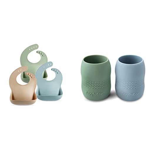 Image of PandaEar Set of 3 Cute Silicone Baby Bibs & 2 Pack 100% Tiny Silicone Drinking Training Cup