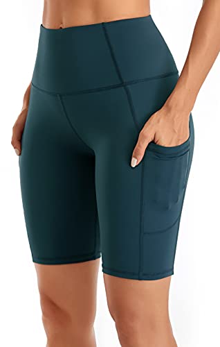 Oalka Women's Short Yoga Side Pockets High Waist Workout Running Shorts Dark Teal M