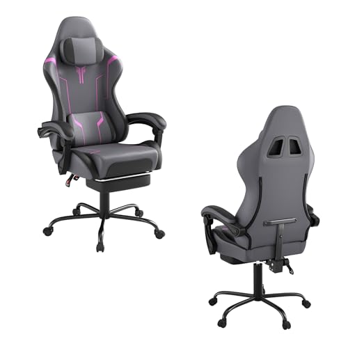 UISEBRT Silla ergonómica para juegos con masaje y reposapiés, cómodo sillón para videojuegos, respaldo ajustable, reposacabezas y cojín lumbar de masaje - gris y negro y violeta