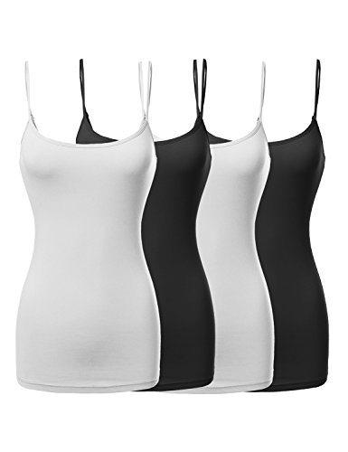 Basic Solid Long Length Adjustable Spaghetti Strap Tank Top 4-Pack, 2Black/2White, Large