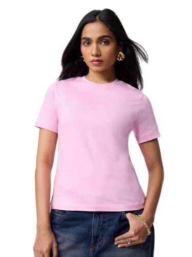 Image of The Souled Store Casual Classics: Women and Girls Short Sleeves Spread Collar Solid Cotton Regular Fit Breathable Lightweight Trendy Everyday T-Shirt
