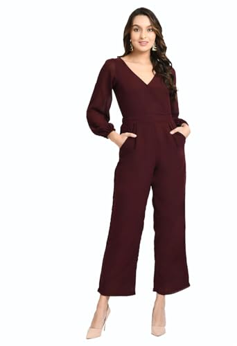 Image of V&M Women's Black V-Neck Jumpsuit | Full Sleeve Straight-Leg One-Piece with Side Pockets | Elegant Western for Office, Party & Evening Outfits