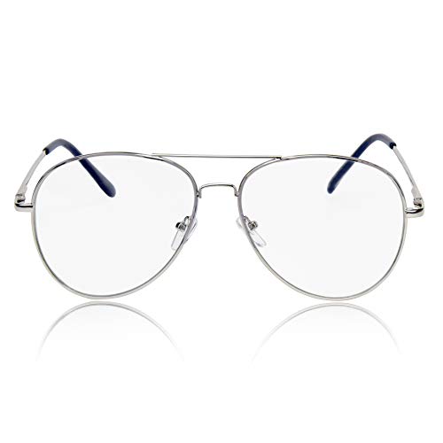 SunnyPro Aviator Glasses Clear Lens Oversized Silver Metal Frame Non-Prescription UV4003