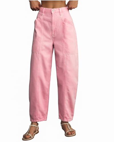 Women's Pink Barrel Jeans High Rise Wide Leg Tapered Jeans Baggy Boyfriend Pants with Pockets