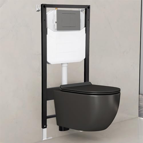 Wall Hung Toilet with Tank, Eridanus Wall Mounted Toilet Combo Set, In-Wall Toilet Tank Carrier, Dual-Flush Plate Included, Adjustable Floating Toilet Bowl With Soft-Close Seat, Matte Black