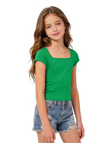 Image of Crop Tops for Girls Short Sleeve Shirt Girls Summer Tops Square Neck Slim Fit Tops Basic Tee