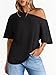 LILLUSORY Off The Shoulder Tops Oversized Tshirts Short Sleeve Basic Tee 2026 Casual Trendy Cute Asymmetrical Summer Fashion Clothes Black S