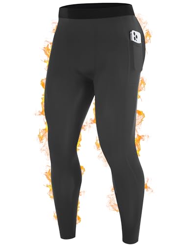 RIKUAOU Men's Thermal Pants Long Johns, Fleece Lined Compression Tights Leggings with Pockets, Ski Running Base Layer Bottoms Dark Gray