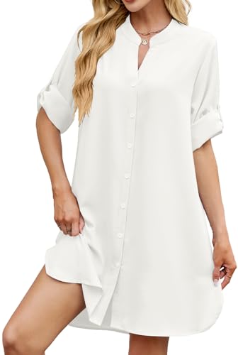 Image of PerZeal Womens Sexy V Neck Button Down Shirt Dresses Summer Short Sleeve Casual Loose Blouses & Button-Down Shifts Cover Ups