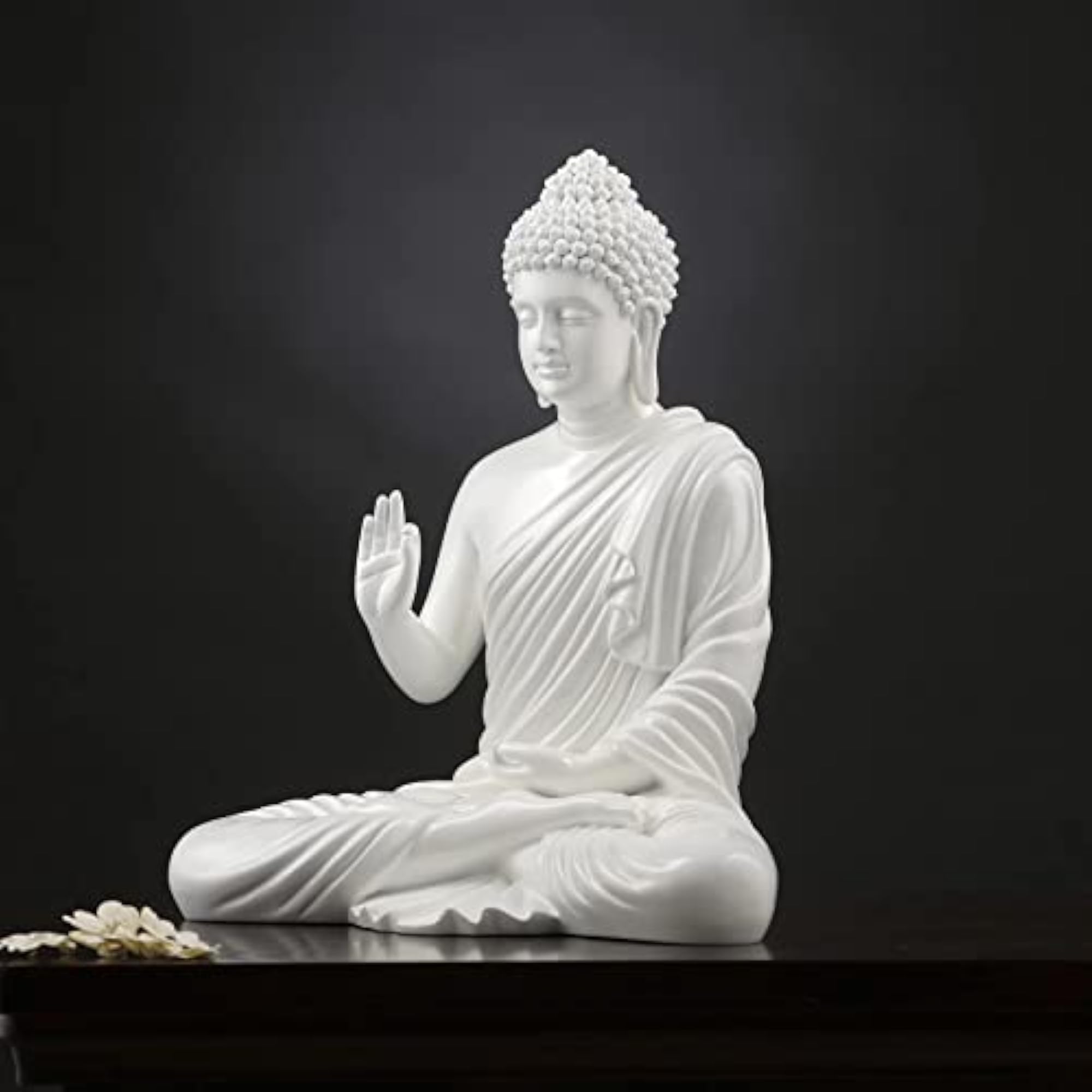 Large Meditating Buddha Idol, Glossy White Marble Dust Decor