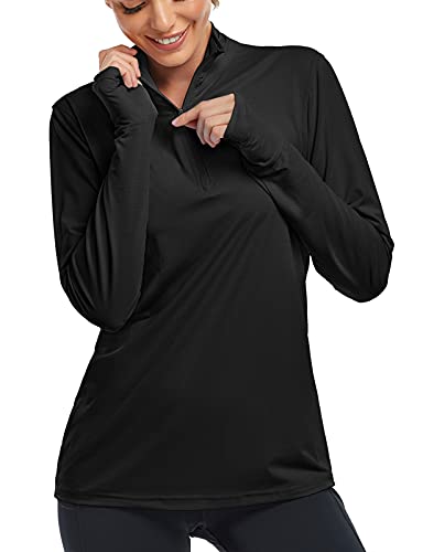 Tanst Sky SPF Shirt Women, Ladies Long Sleeve Workout Tops Lightweight UV Protection Zip Up V Neck Pullover Long Sleeve Fall Clothes Breathable Dri Fit Gym Wear Sport Athletic Sun Shirts Black L