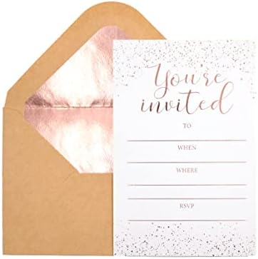 Invitation Cards - 24-Count 4" x 6" White Invitation Cards ‘’You Are Invited’’ in Rose Gold Foil Lettering with 26 Foil Kraft Envelopes – For Wedding, Bridal Shower, Baby Shower, Birthday Invitations