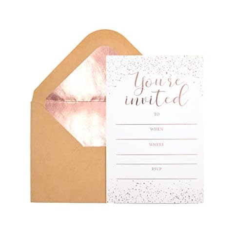 Chriz.Z Invitation Cards - 24-Count 4" x 6" White Invitation Cards ‘’You Are Invited’’ in Rose Gold Foil with 26 Foil Kraft Envelopes – For Wedding, Bridal Shower, Baby Shower, Birthday Cover