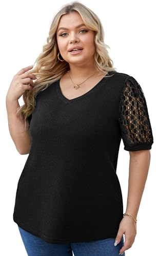 OLRIK Plus Size Tops for Women Summer Blouse Waffle Knit Short Lace Sleeve Shirts3