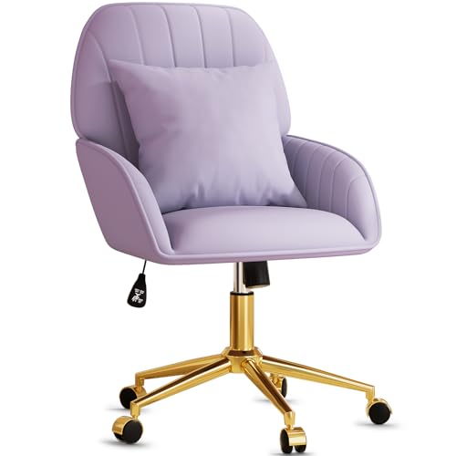 Home Office Desk Chair Comfy with Adjustable Swivel Wheels, Modern Velvet Makeup Vanity Chair with Back & Pillow, Ergonomic Office Chair Computer Task Chair for Living Room, Bedroom, Purple