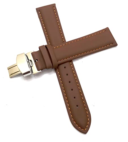 Image of 18mm 19mm 20mm 21mm 22mm 23mm 24mm Genuine Leather Butterfly Deployment Clasp Buckle Watch Band Strap Black Dark Brown TAN Blue Rose Black Gold White