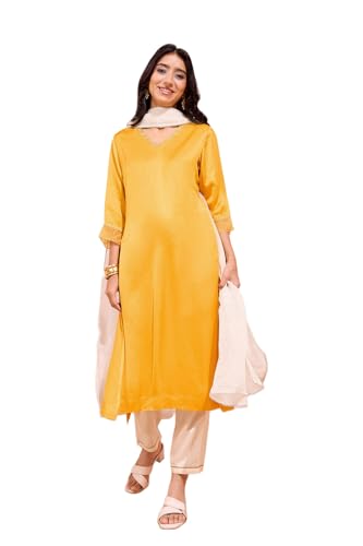 Image of Taneira Women Dark Yellow Viscose Embroidered Kurta Set