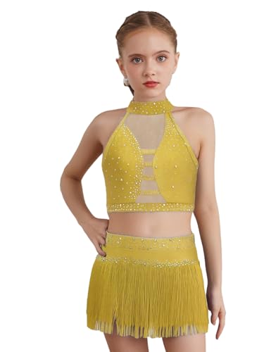 Tenue de danse latine jaune 2 pièces à strass et tassels pour fille 15-16 ans