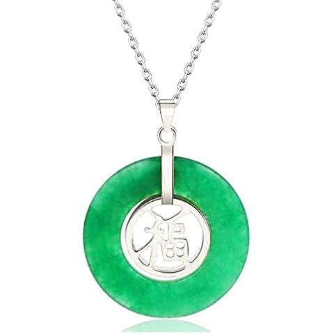 SERYNOW Natural Translucent Green Jadeite Pendant Necklace Jade Donut Circle Good Luck Chinese Fu Character Pendant Necklace, 30 mm, Copper, no have Cover
