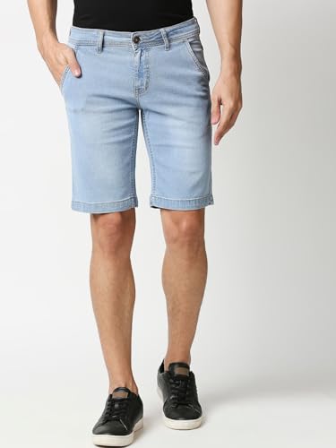Image of HIGH STAR Men Blue Washed Mid-Rise Stretchable Denim Shorts (34)