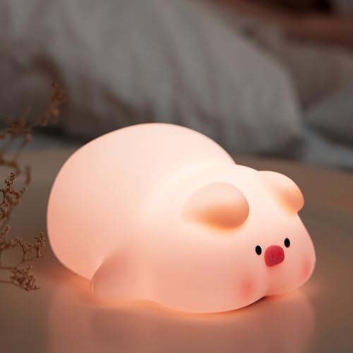 Image of Cute Pig Night Light, 3 Level Dimmable Nursery Nightlight, Kawaii Lamps Squishy Silicone Rechargeable Touch Lamp, Best Gift for Kids Adults Room Decor
