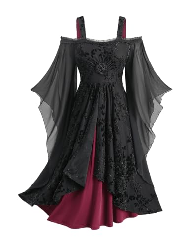 Rosegal Mittelalter-Kostüm, Übergröße, Vintage-Kostüm, schulterfrei, ausgestellte Ärmel, Gothic-Kleid, Schwarz, 5XL Große Größen