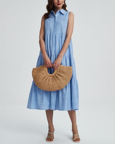 Womens Summer Button Down Maxi Shirt Dress Sleeveless Collared V Neck Tiered Flowy Midi Dress3