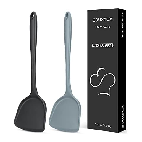 2 Pcs Silicone Wok Spatulas, Non-Stick BPA Free High Heat Resistant Handy Kitchen Utensils for Cooking, Baking, Flipping Eggs, Pancake, Burgers(Black+Grey) Cover