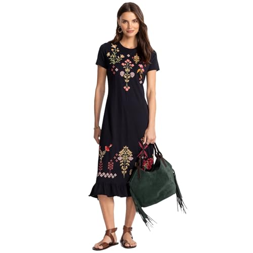 Johnny Was Malaya Short Sleeve Ruffle Hem Dress Cotton Floral Embroidery Black New3