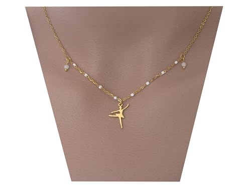 Collier Chaîne pendentif Danse Danseuse Étoile Ballerine Ballet Classique Acier Inoxydable Or Doré Blanc Pierre de Lune Cadeau Anniversaire Noël Femme...