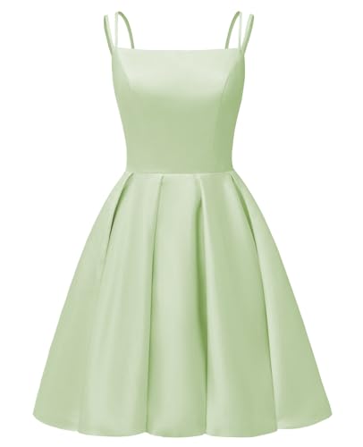Image of Tianzhihe Satin Homecoming Dresses for Teens 2026 Spaghetti Straps A-line Square Neck Short Cocktail Party Dress with Pockets