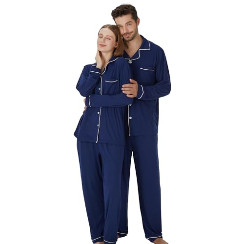 PJGGZ Matching Pajamas for Couples, Button Up Pjs Set for Men and Women Soft Warm Loungewear(Men,Navy,L)
