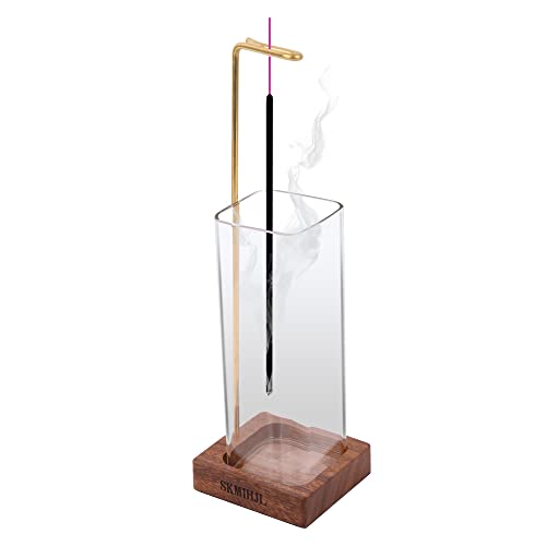 Skmihjl Incense Holder With Glass Ash Catcher Incense Sticks Burner With Wooden Base Brass Incense Clip,Anti-Ash Flying Modern Incense Burner For Home Office Yoga Meditation (Square) #TOP18