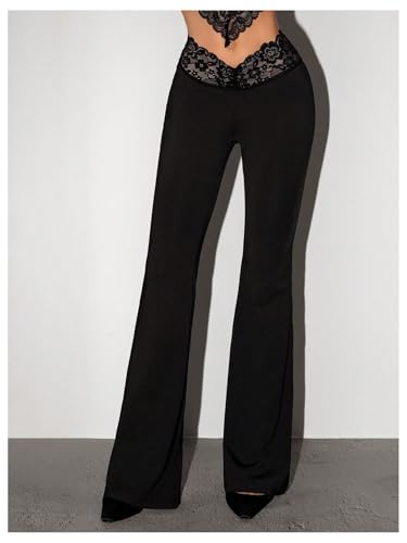 Milumia Women's Low Waist Lace Trim Flare Pants Leggings Rave Going Out Bell Bottoms4