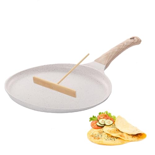 Non Stick Crepe Pan, Pancake Pan Induction Hob Crepe Pan 24cm with Wooden Batter Spreader, Cast Die-Cast Aluminum Pan with Non-Stick Coating for Fried Eggs, Steak, Bacon & Sausages -White
