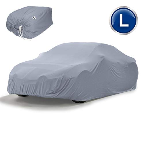ECD Germany Housse Protection Voiture pour Intérieur - L 482 x 178 x 119 cm - Bâche Couverture de Protection Complète de Garage - Respirant - Lavable - En Satin Stretch - Gris - Avec Sac de Transport