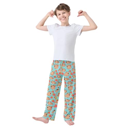 Pajama Pants Sleep Pants Soft Elastic Waist Pajama Lounge Pants Red Strawberry Cute Capybara for 6-14 Years Old3