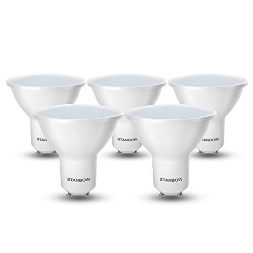 STANBOW - Bombilla LED GU10 (5 W, equivalente a 40 W, 400 lúmenes, 3000 K, luz blanca cálida, CRI > 80, 220-240 V CA, 5 unidades) [Clase energética A+]