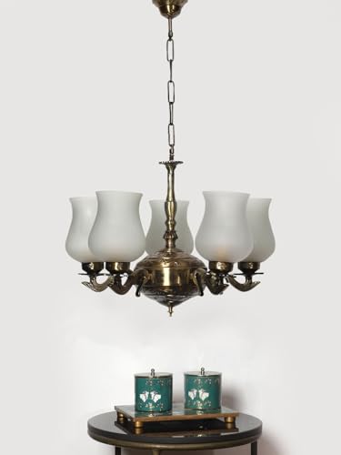 Image of Devansh 05 Lights Milky White Glass Shade with Antique Golden Chandelier -Q