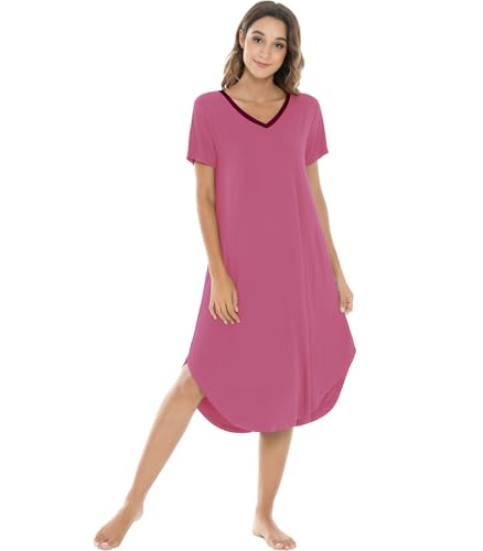 Image of NACHILA Nightgowns for Women-Viscose Made from Bamboo, V Neck Sleepshirts Short Sleeve Sleepwear Cool Nightshirt