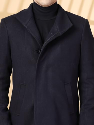 Image of CHKOKKO Men Stylish Long Winter Coat Single Breasted Thigh Length Overcoat with Elegant Spread Collar & Practical Front Side Pockets for Formal or Semi-Formal Occasions