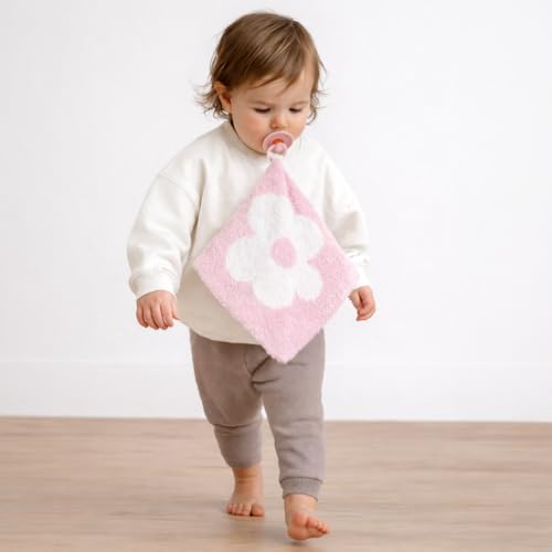Image of L+L USA Retro Flower Baby Lovey Pacifier /Teether Holder 10 inchx10 inch - DreamSoft Plush Fluffy Cuddly Soothie Reversible Mini Comfort Blanket - Cute Newborn Gift Essential Babies Boys Girls (Pink /White)