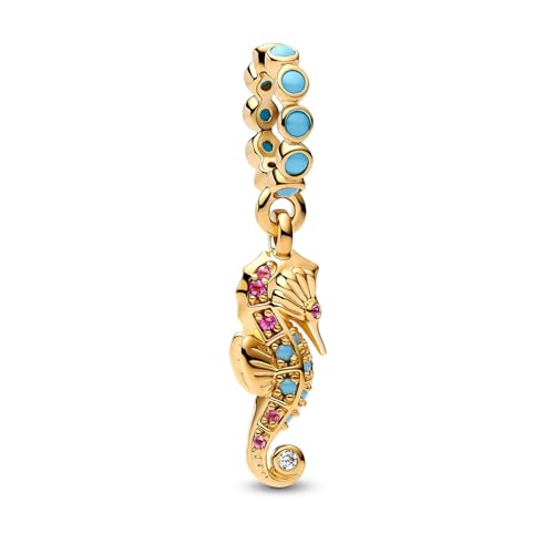 Pandora Moments 763895C01 - Ciondolo a forma di cavalluccio marino, in argento sterling placcato oro 14 carati, con zirconi, compatibile Me e Moments, 3,5x17,5x6,1 mm, Argento sterling, Zirconia