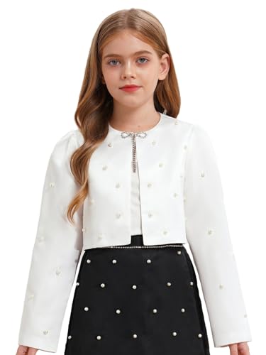 Girls Elegant Beaded Satin Shrug Bolero Jacket Open Front Cardigan Wedding Evening Dress Cover Up3