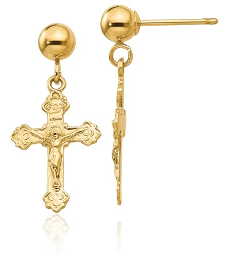 14K Solid Yellow Gold Lord Jesus Christ Crucifix Holy Hanging Cross Christian Religious Drop Dangle Earrings