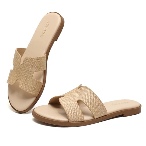 Image of Womens Flat Sandals Dressy Summer Slides Comfortable Casual Open Toe Vacation Sandals Slip On Slides Leather Sandals for Women