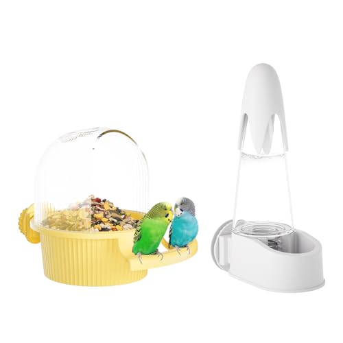 No Mess Bird Feeder Water Dispenser Set, Automatic Hydration, Bird Cage Accessories for Cockatiels Parrots Lovebirds Canarys Finches Budgies and Other Small to Medium Sized Birds (Yellow + White)