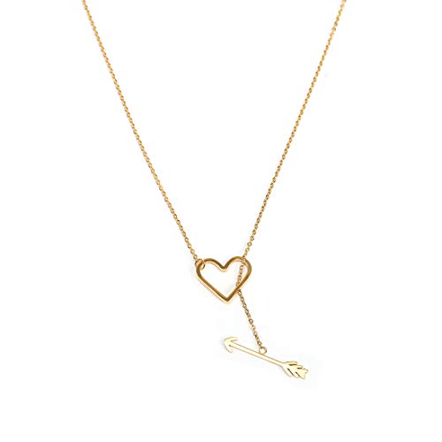 Winssi Heart Y Lariat Necklace 18K Gold 316L Stainless Steel Love Necklace Adjustable for Women Girls (Arrow Heart)