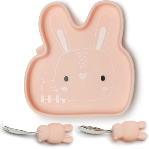 Image of Loulou Lollipop Baby Suction Plate, Fork and Spoon Feeding Set, Bunny | Divided self-feeding plate plus chunky-grip stainless steel fork and spoon; made from food-grade silicone, BPA and PVC free